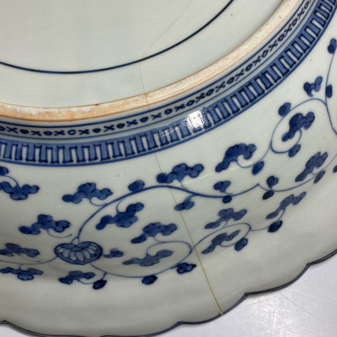 江戸中期 染付花唐草大皿 木箱付 w39cm 東キ7-1004② タサオ