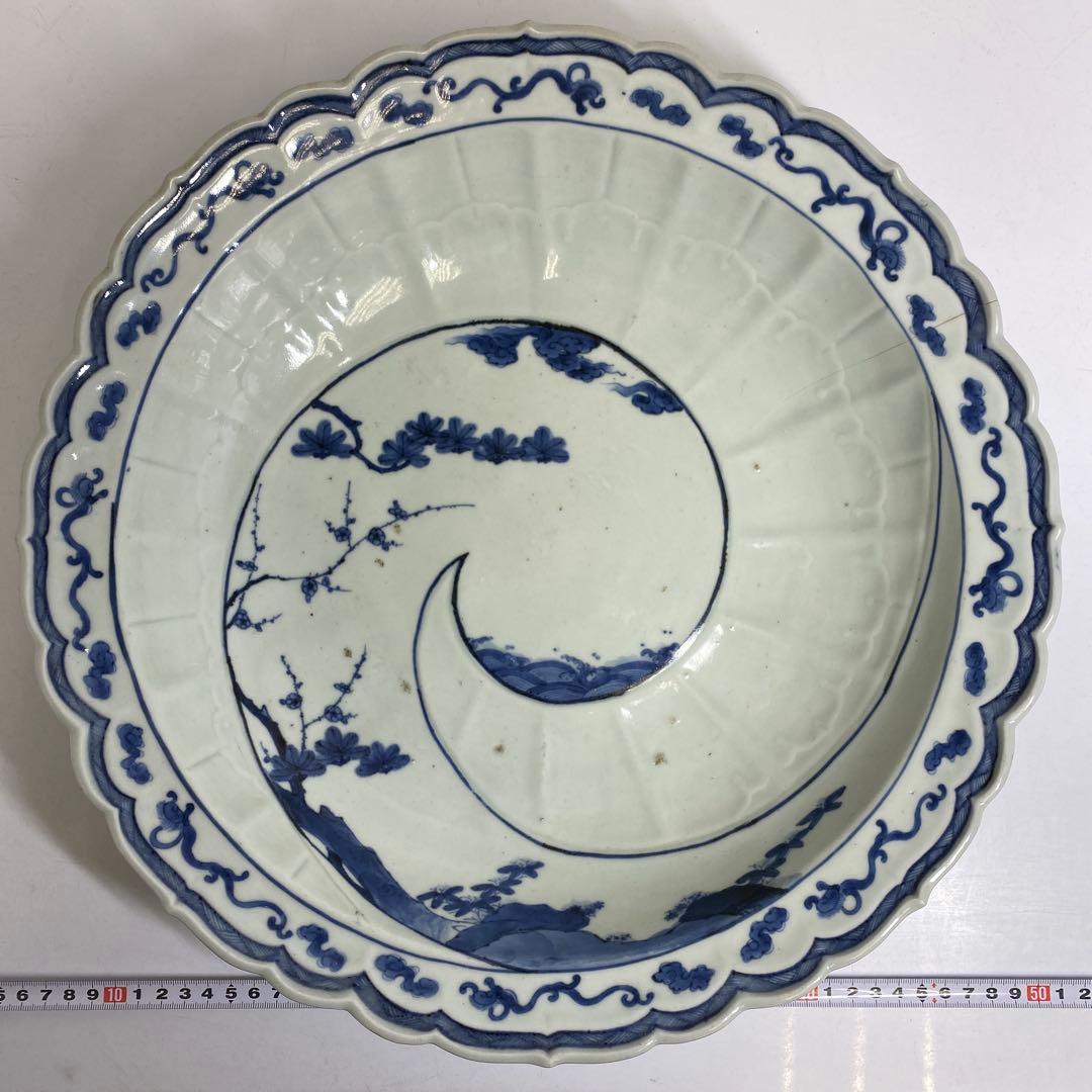 江戸中期 染付花唐草大皿 木箱付 w39cm 東キ7-1004② タサオ