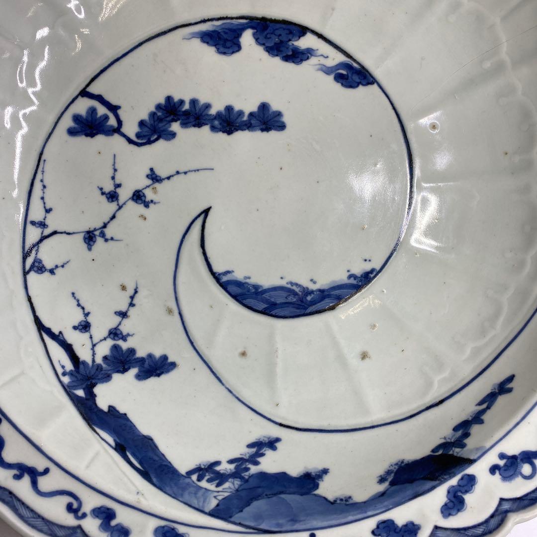 江戸中期 染付花唐草大皿 木箱付 w39cm 東キ7-1004② タサオ