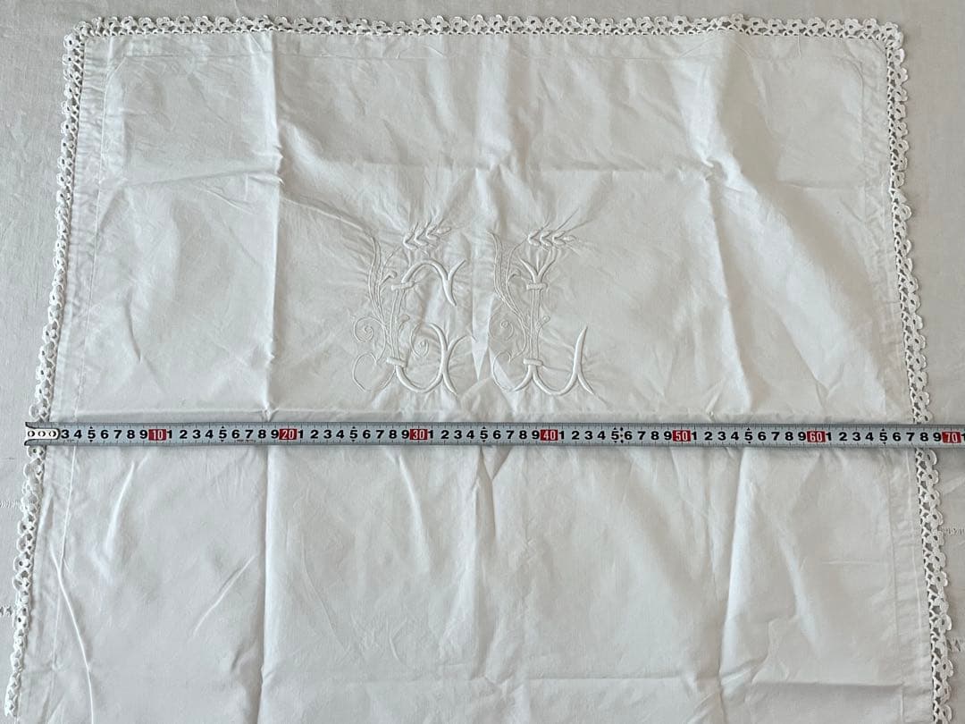 【美品】フランスアンティーク 手刺繍 麦文字CLモノグラム ピローカバー3554