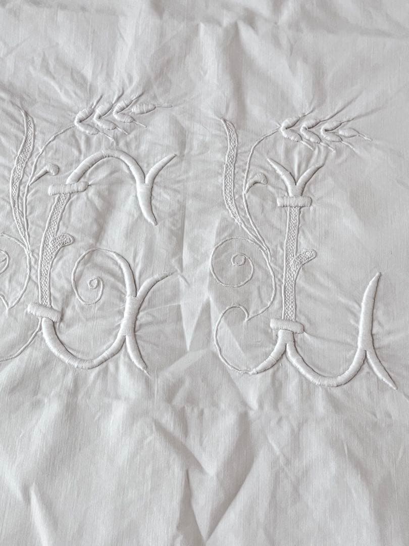 【美品】フランスアンティーク 手刺繍 麦文字CLモノグラム ピローカバー3554