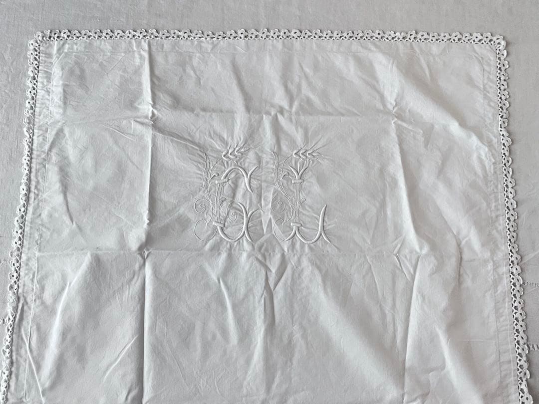 【美品】フランスアンティーク 手刺繍 麦文字CLモノグラム ピローカバー3554