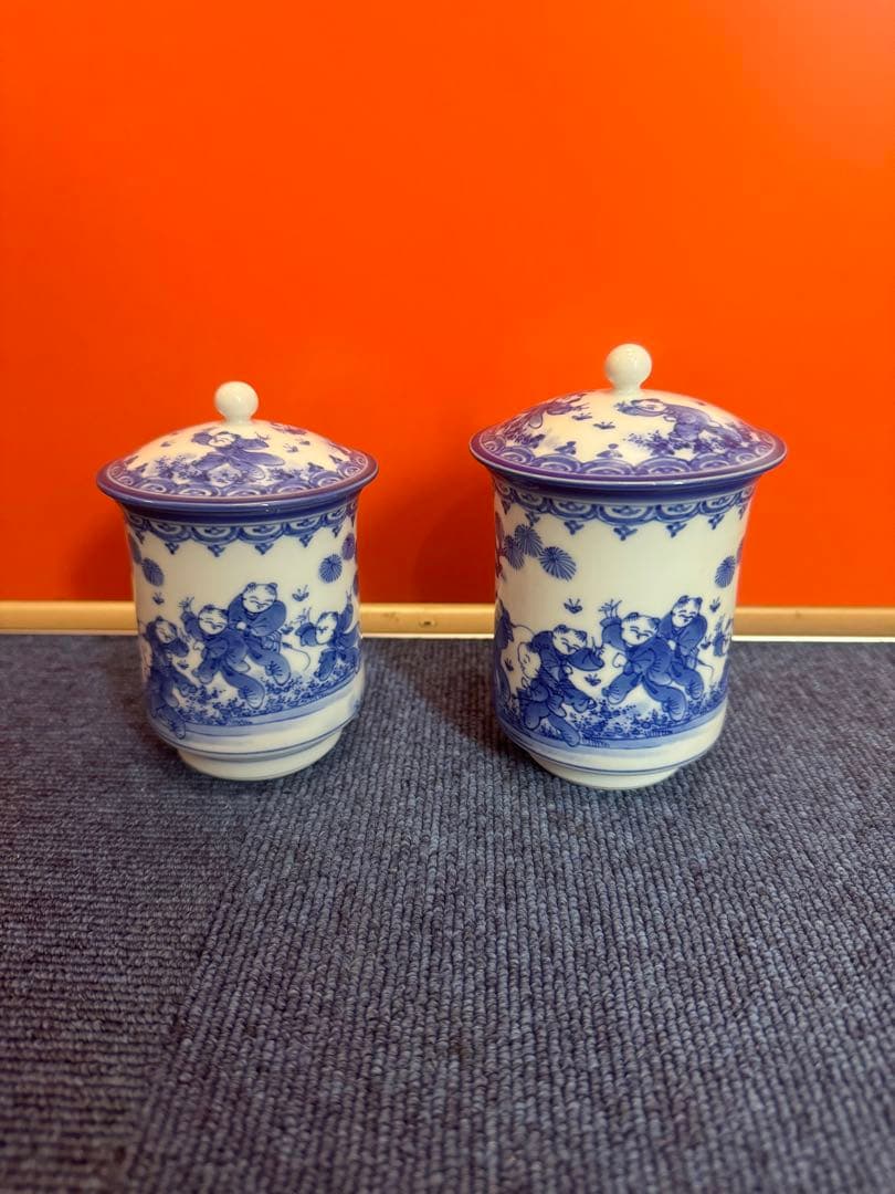 1972 三川内焼　平戸雅松作　献上唐子湯呑　2客　未使用