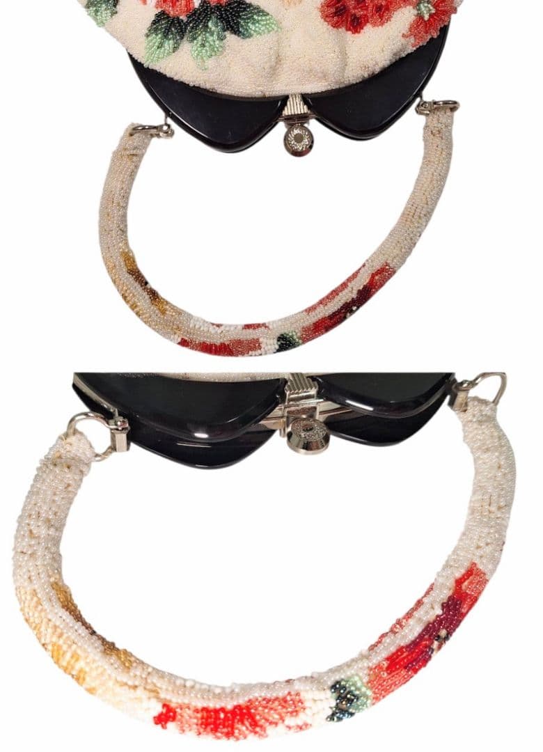 ビーズバッグ　手刺繍　総柄　花柄　総ビーズバッグ　和装　がま口　バラ　シミ特価