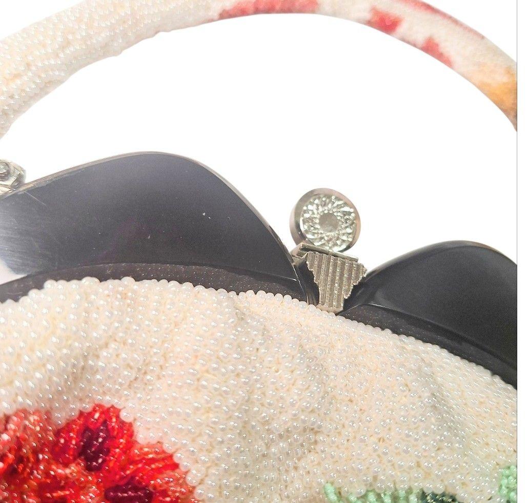 ビーズバッグ　手刺繍　総柄　花柄　総ビーズバッグ　和装　がま口　バラ　シミ特価