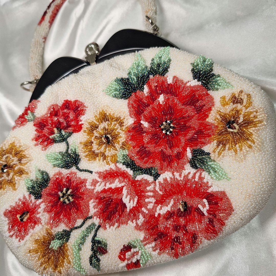 ビーズバッグ　手刺繍　総柄　花柄　総ビーズバッグ　和装　がま口　バラ　シミ特価