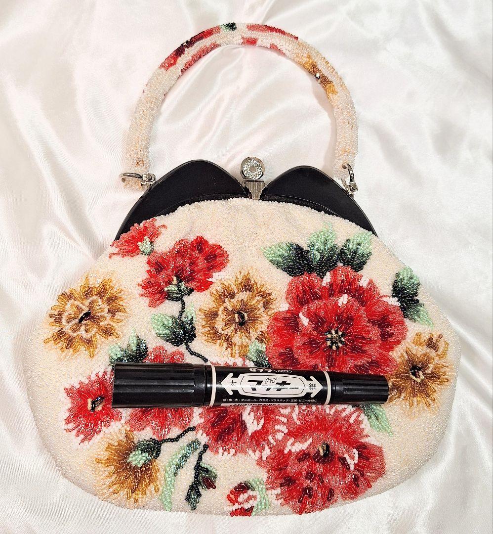 ビーズバッグ　手刺繍　総柄　花柄　総ビーズバッグ　和装　がま口　バラ　シミ特価