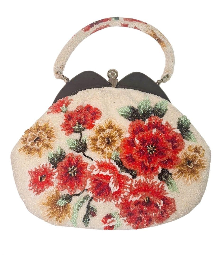 ビーズバッグ　手刺繍　総柄　花柄　総ビーズバッグ　和装　がま口　バラ　シミ特価