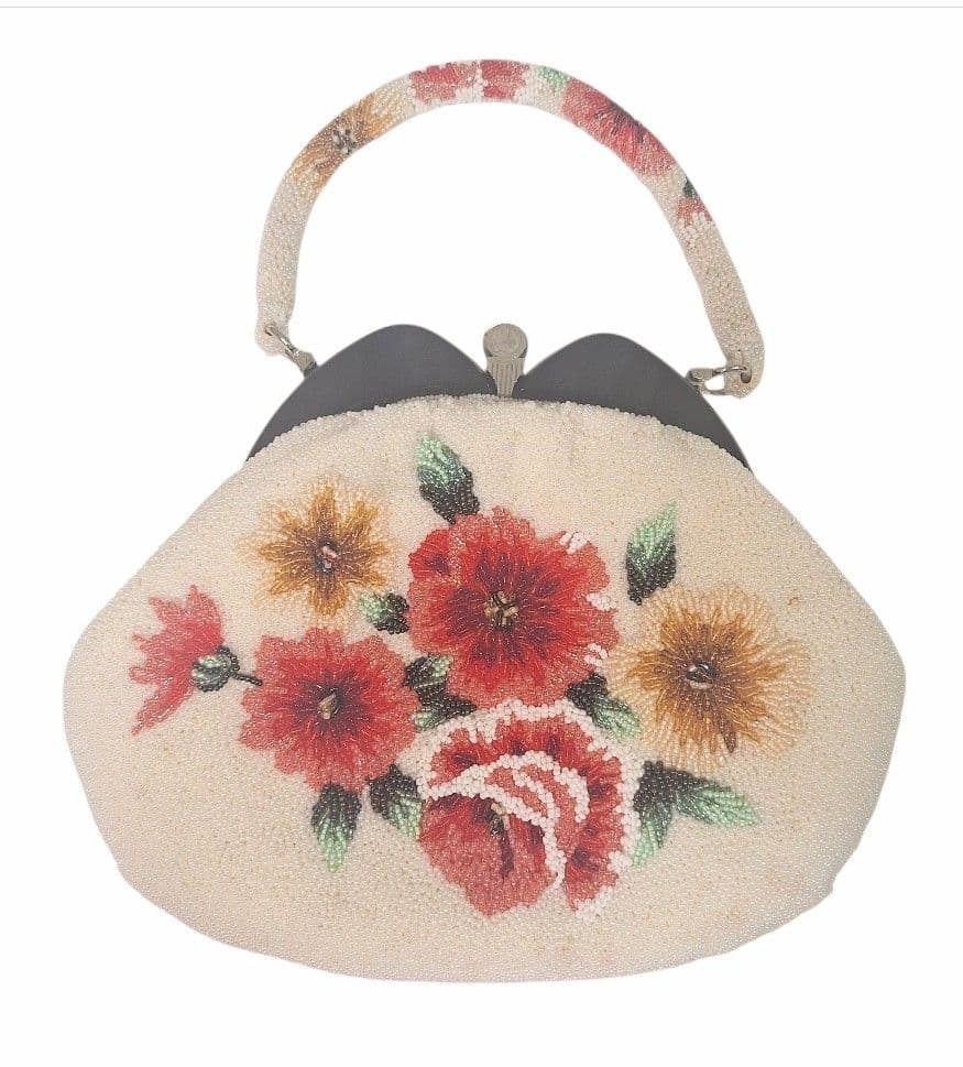 ビーズバッグ　手刺繍　総柄　花柄　総ビーズバッグ　和装　がま口　バラ　シミ特価