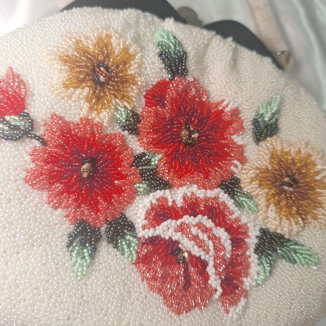 ビーズバッグ　手刺繍　総柄　花柄　総ビーズバッグ　和装　がま口　バラ　シミ特価