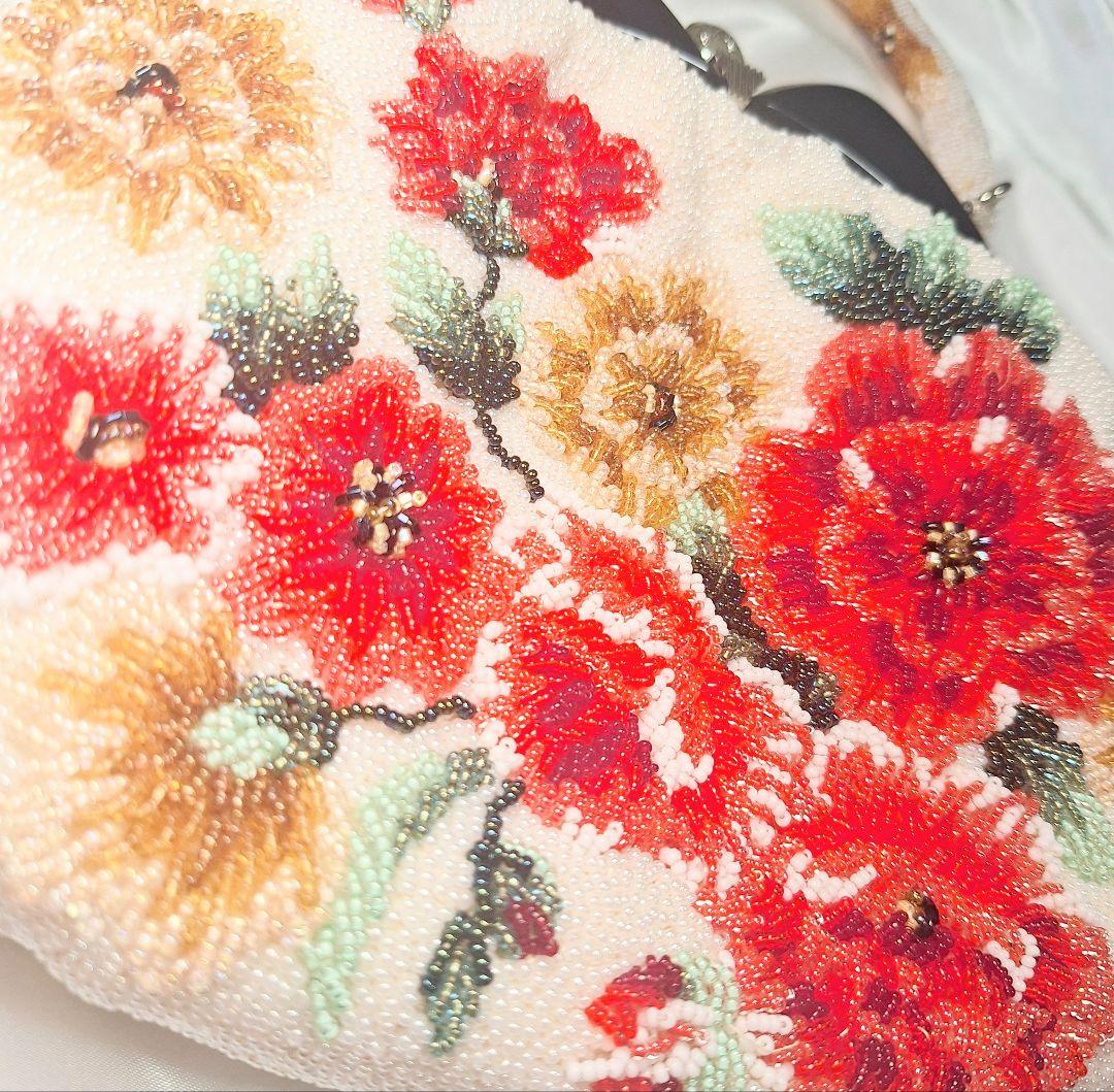 ビーズバッグ　手刺繍　総柄　花柄　総ビーズバッグ　和装　がま口　バラ　シミ特価