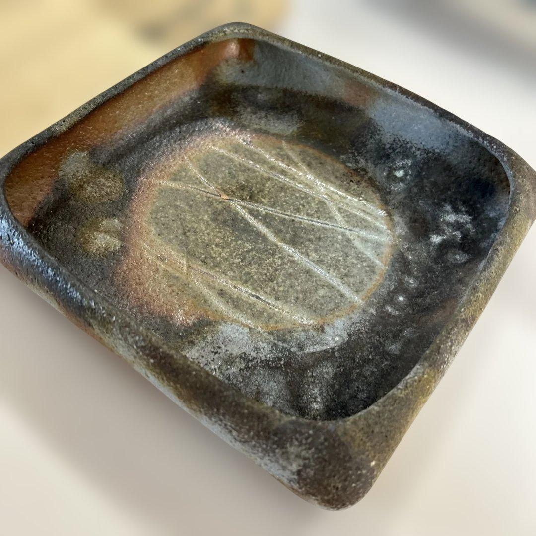 新品未使用　備前焼　手作り陶器 四角皿 木箱付き　高級