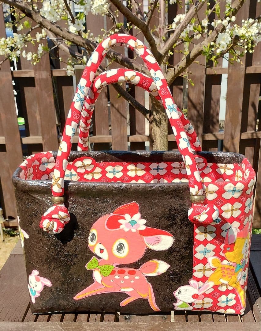 一閑張りバッグ　バンビ　うさぎ　レトロ　古布　ハンドメイド