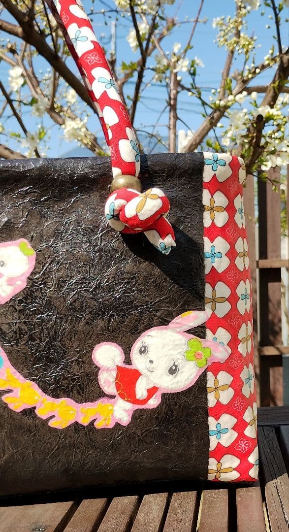 一閑張りバッグ　バンビ　うさぎ　レトロ　古布　ハンドメイド