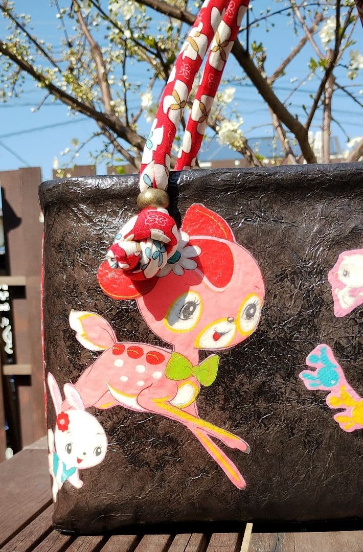 一閑張りバッグ　バンビ　うさぎ　レトロ　古布　ハンドメイド