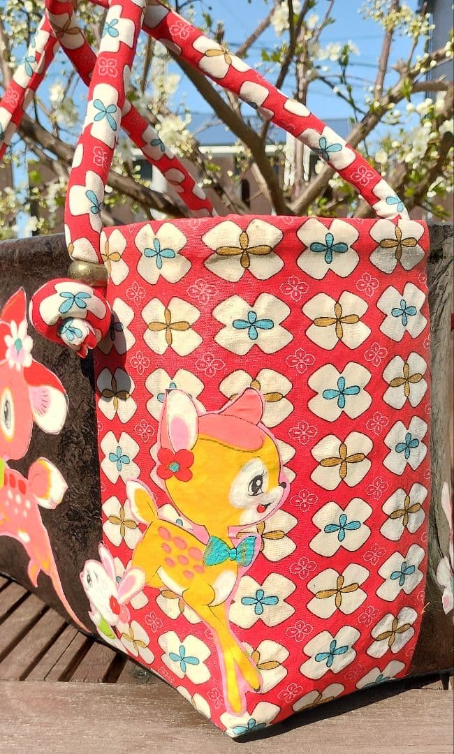 一閑張りバッグ　バンビ　うさぎ　レトロ　古布　ハンドメイド