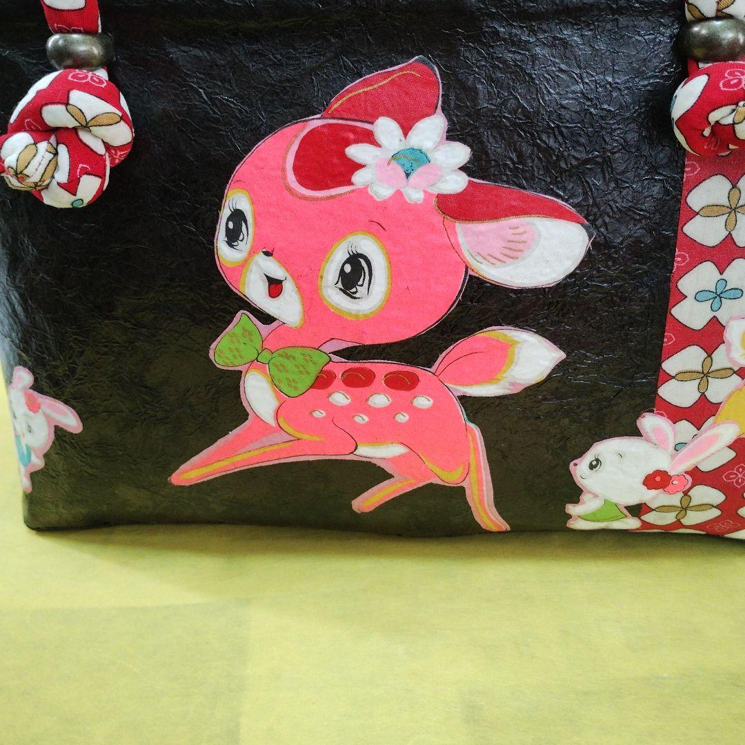 一閑張りバッグ　バンビ　うさぎ　レトロ　古布　ハンドメイド