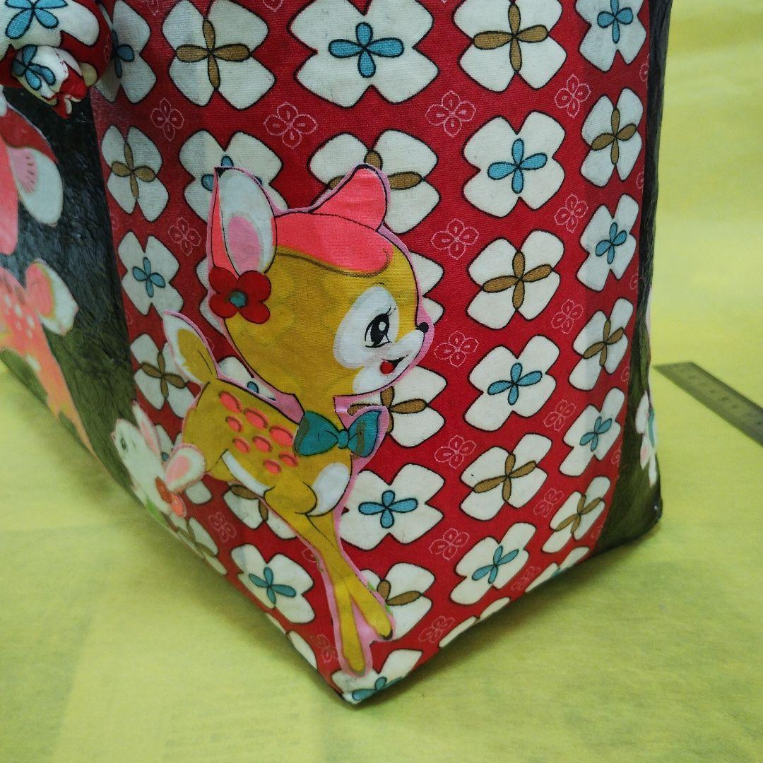 一閑張りバッグ　バンビ　うさぎ　レトロ　古布　ハンドメイド