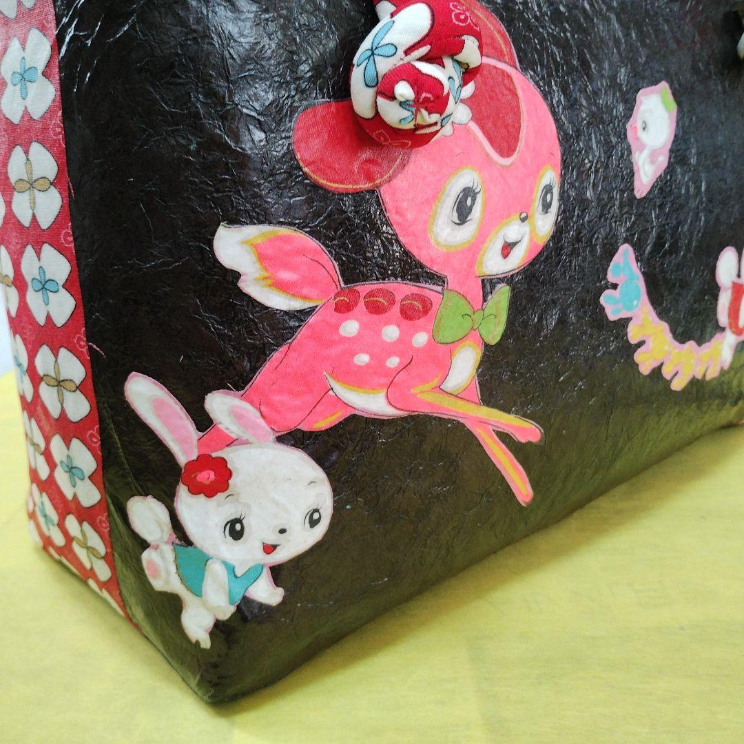 一閑張りバッグ　バンビ　うさぎ　レトロ　古布　ハンドメイド