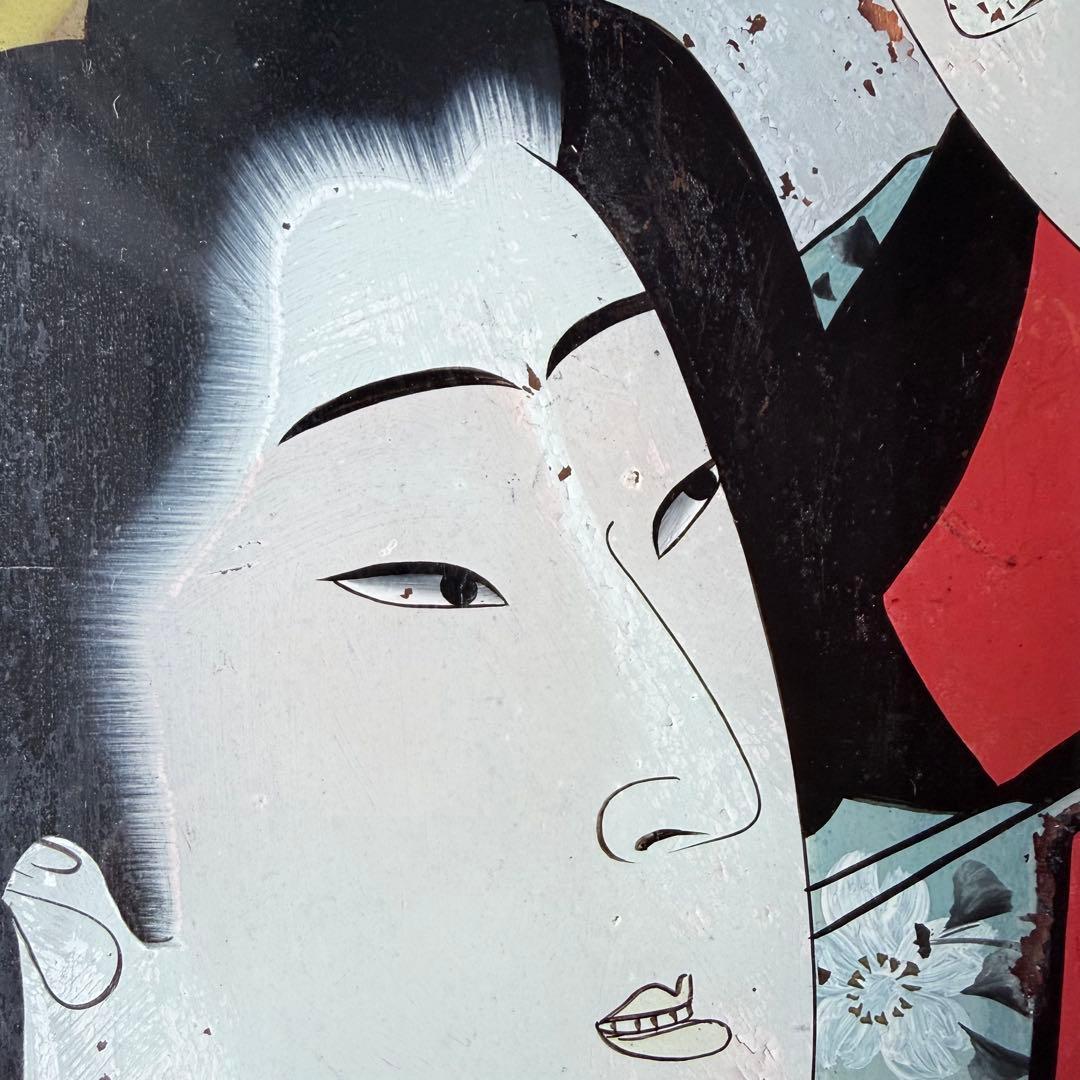 2236様感謝‼️春の大正浪漫‼️彩絵硝子「眠り猫と美人」の図　オリジナル木製枠