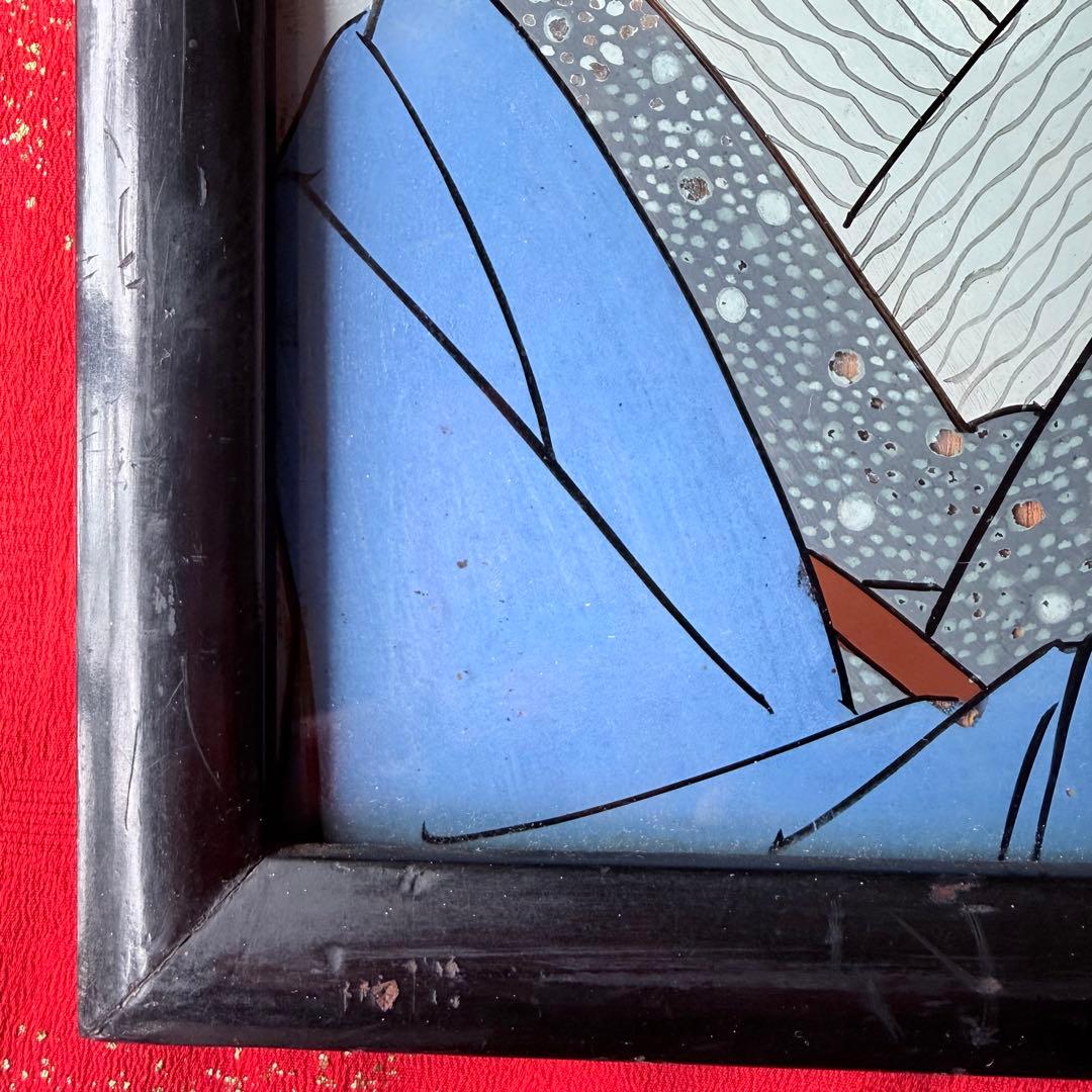 2236様感謝‼️春の大正浪漫‼️彩絵硝子「眠り猫と美人」の図　オリジナル木製枠