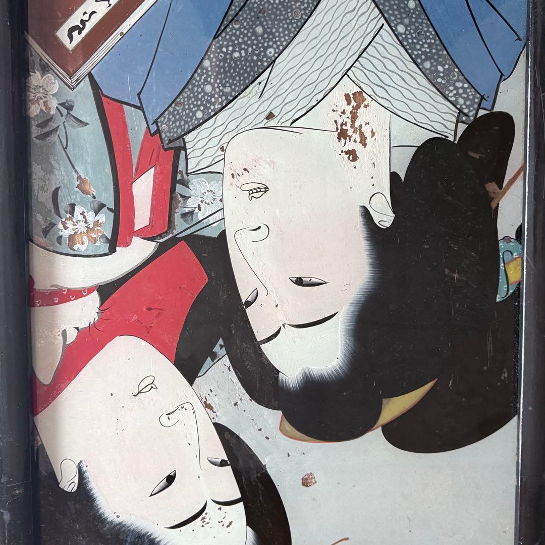 2236様感謝‼️春の大正浪漫‼️彩絵硝子「眠り猫と美人」の図　オリジナル木製枠