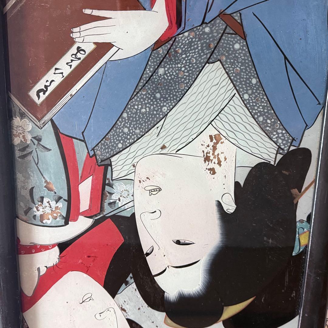 2236様感謝‼️春の大正浪漫‼️彩絵硝子「眠り猫と美人」の図　オリジナル木製枠