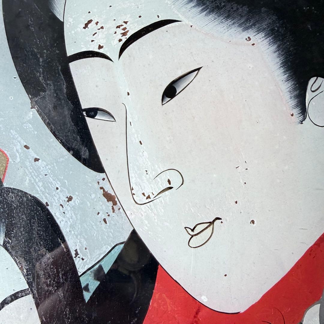 2236様感謝‼️春の大正浪漫‼️彩絵硝子「眠り猫と美人」の図　オリジナル木製枠