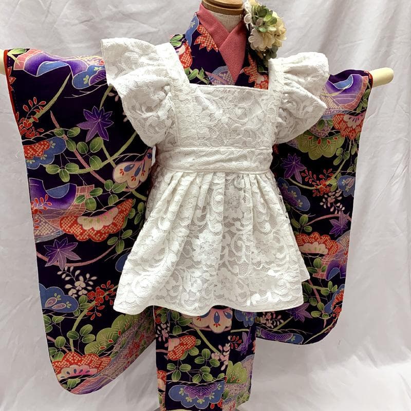 510ag60□七五三 三歳 アンティーク 着物&被布エプロン 松 芝 楓□美品