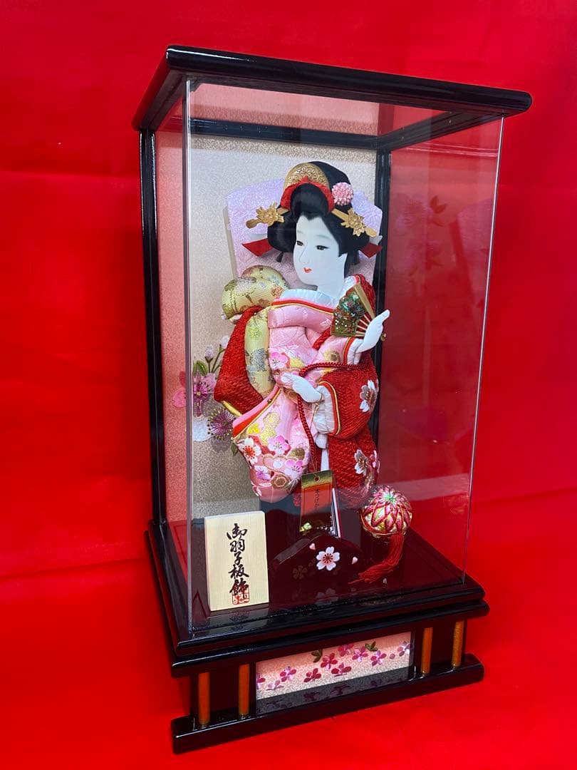 羽子板振袖金彩×かのこ刺繍アクリルケース１０号・間口約２６×奥約２１×高約４７㎝