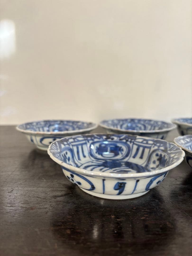染付芙蓉手獣面図 小皿 モンスターマスク 縁起物 古伊万里 三田焼 5客揃