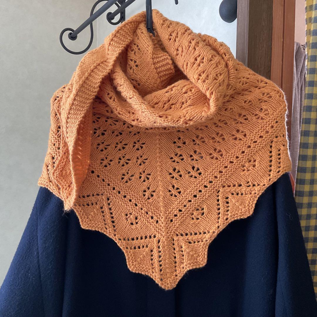 オレンジ レース編み ショール　ハンドメイド