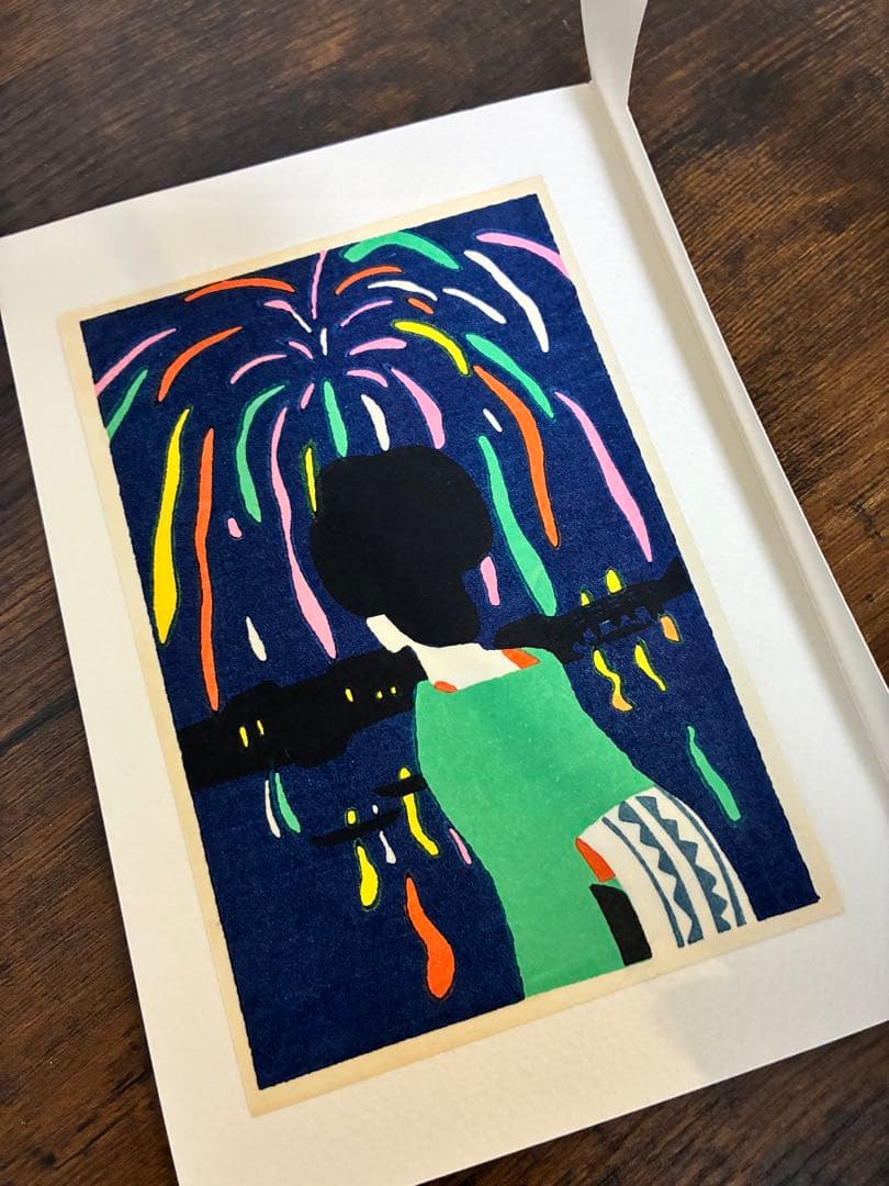 竹久夢二 花火 木製額入り 版画 美人画 大正ロマン インテリア レトロ