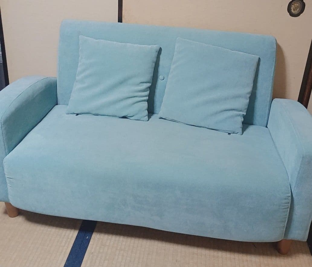 【送料込】Prima 2人がけソファー ターコイズブルー クッション付き