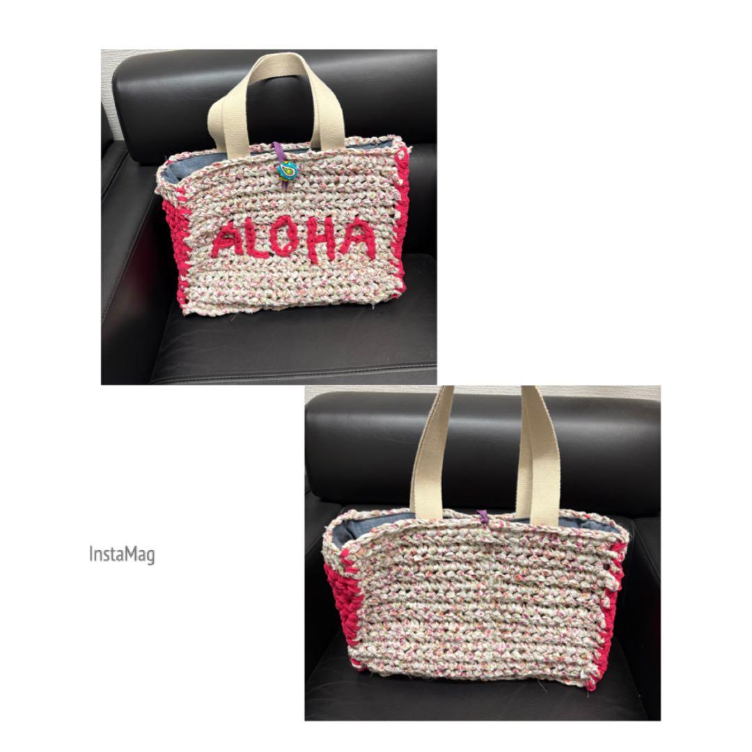 ハンドメイドバック　裂き編み　デニム　ALOHA 1点もの