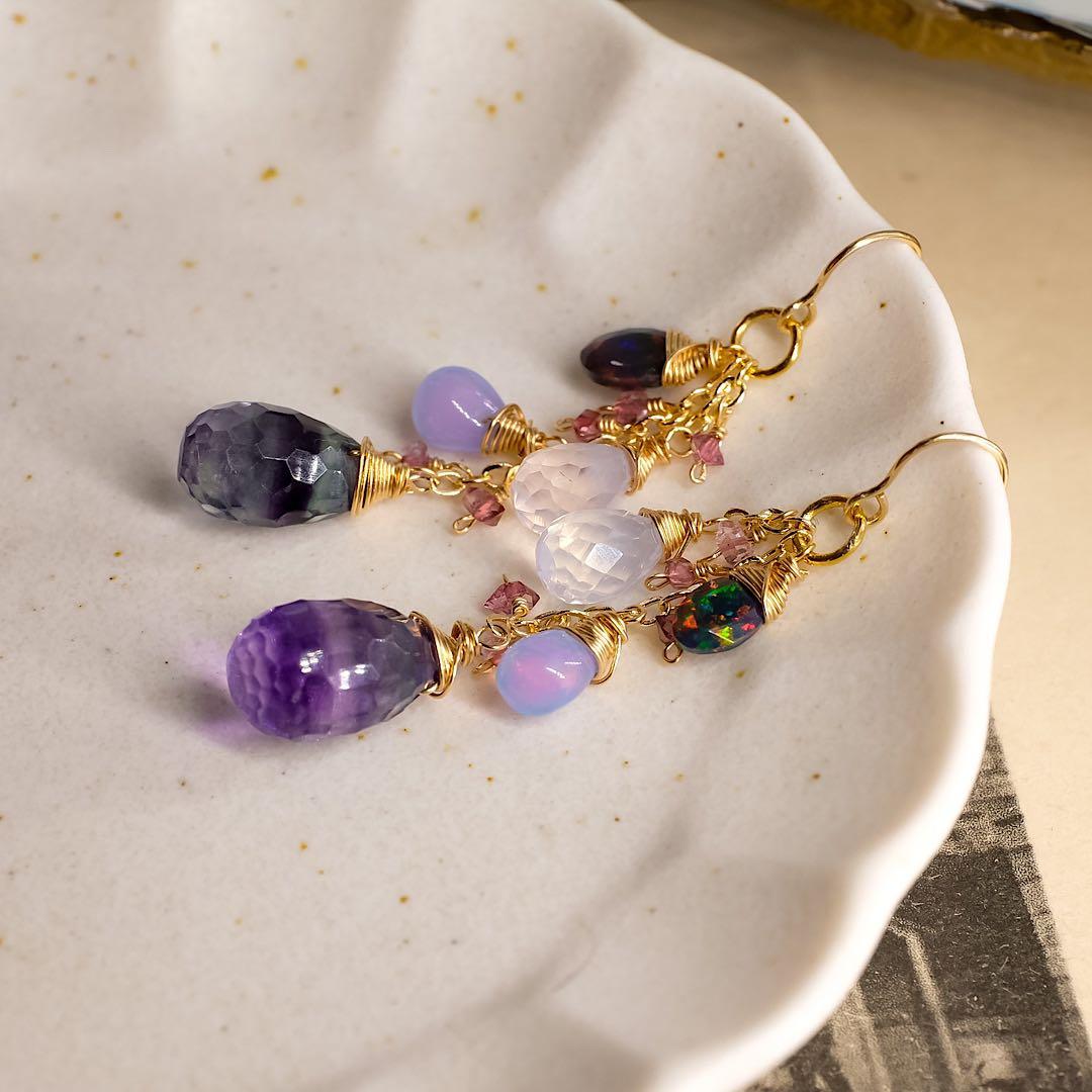 14kgfフローライトハニカムコンケーブカットピアス/イヤリング