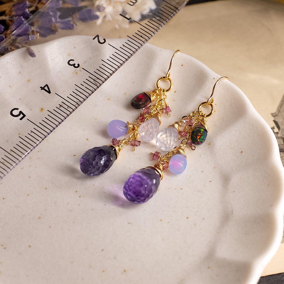 14kgfフローライトハニカムコンケーブカットピアス/イヤリング