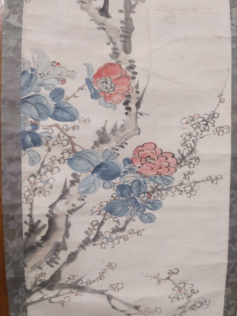 掛け軸シリーズNO14渡瀬凌雲 「梅・山茶花・鳥図」画讃 双巾 紙本着色真筆直筆