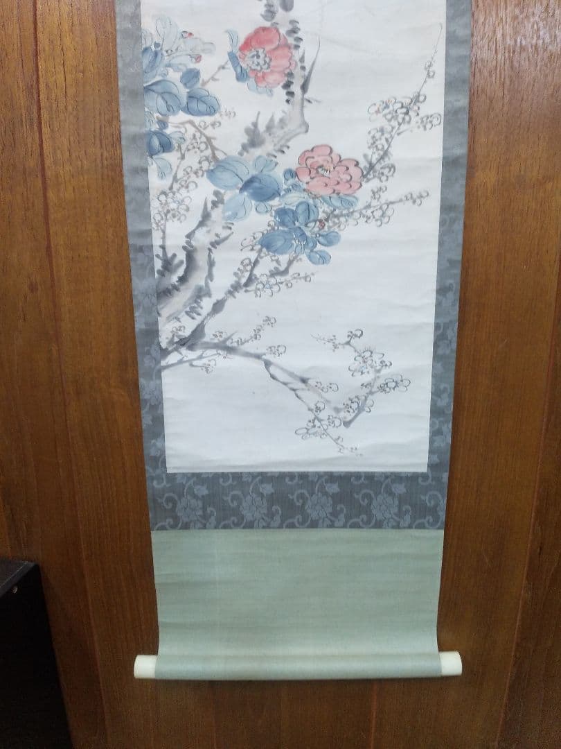 掛け軸シリーズNO14渡瀬凌雲 「梅・山茶花・鳥図」画讃 双巾 紙本着色真筆直筆