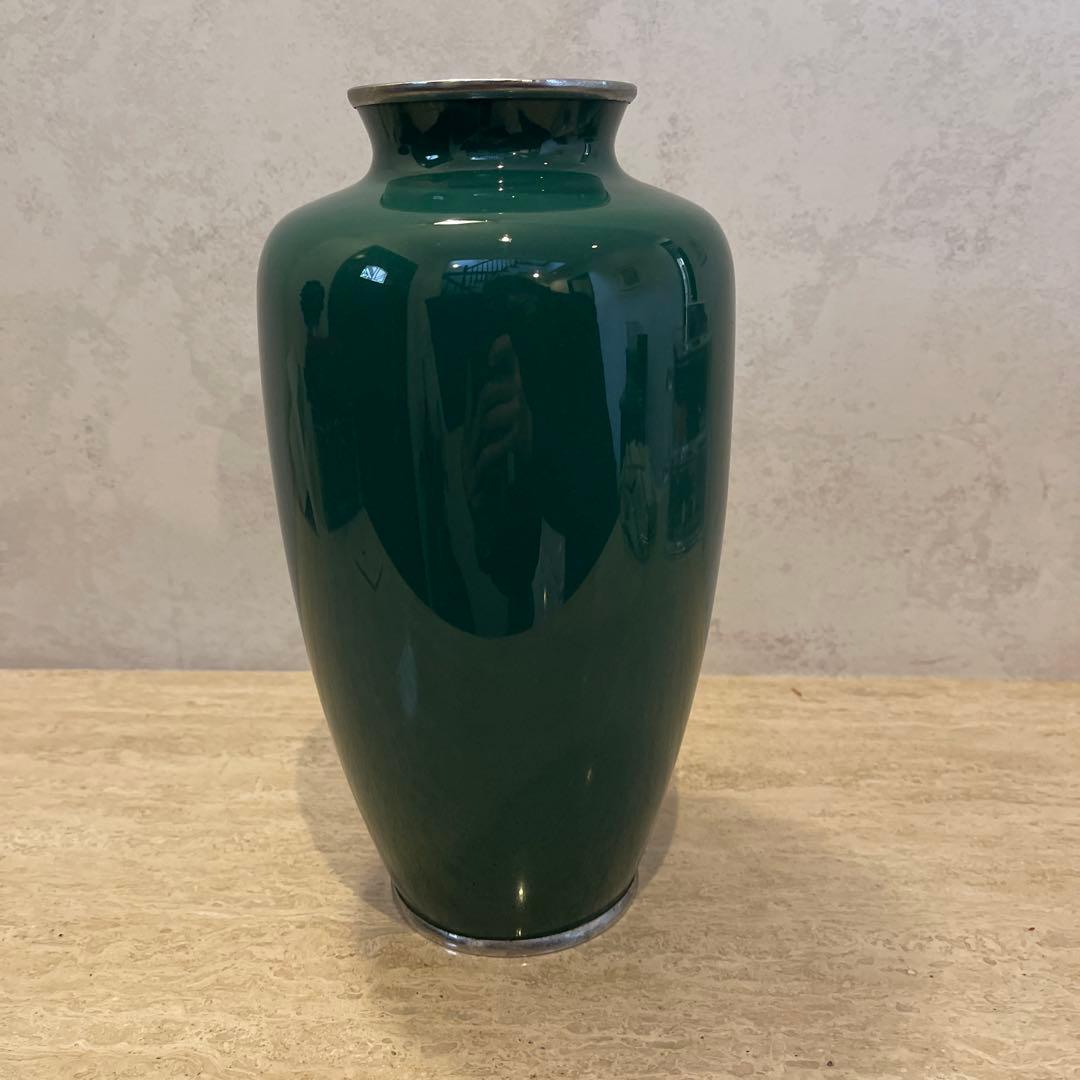 七宝焼　緑色 花柄 陶器 花瓶