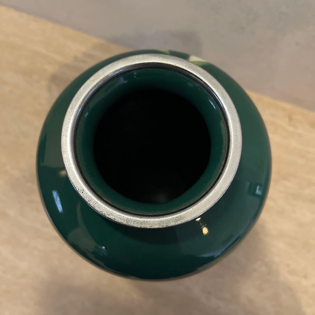 七宝焼　緑色 花柄 陶器 花瓶