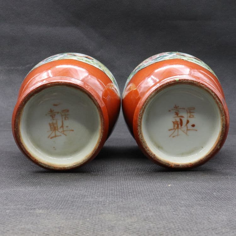 紅釉蒔絵花鳥観音瓶一対 景徳鎮 陶磁器 装飾品 現代工芸品美術品 置物