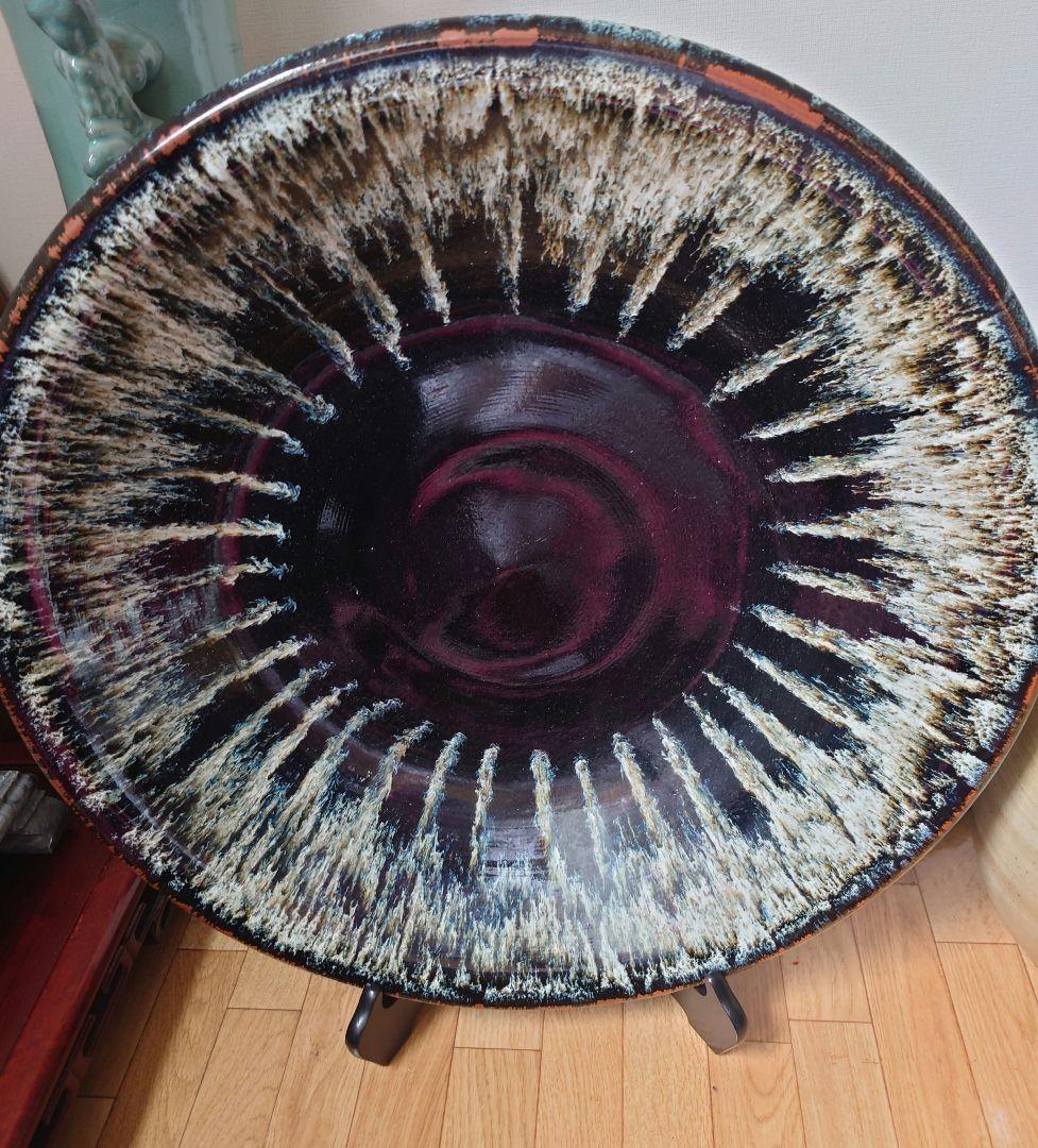 小石原焼！！放射状模様の黒青陶器皿 直径約52cm