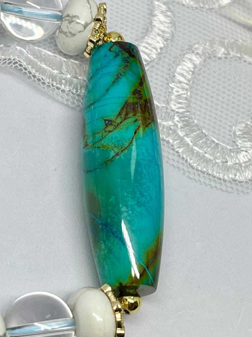 一点物 天然石天珠クリソコラとクリスタルとホワイトハウライトの素敵ブレスレット