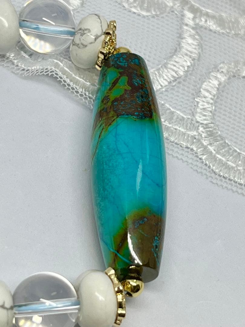 一点物 天然石天珠クリソコラとクリスタルとホワイトハウライトの素敵ブレスレット