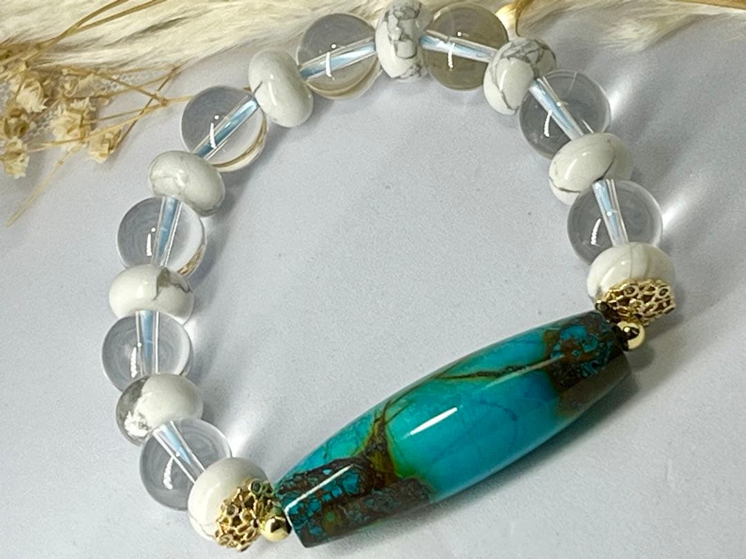 一点物 天然石天珠クリソコラとクリスタルとホワイトハウライトの素敵ブレスレット