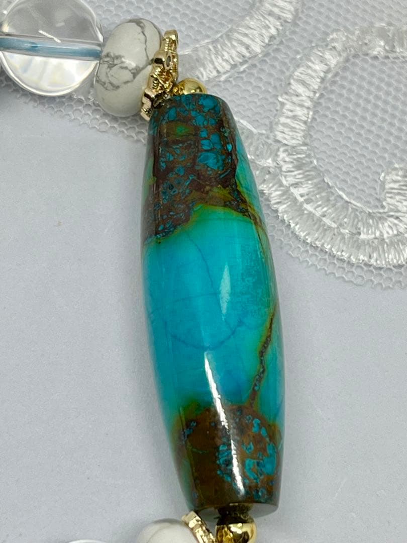 一点物 天然石天珠クリソコラとクリスタルとホワイトハウライトの素敵ブレスレット