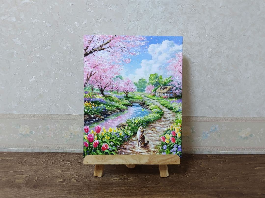 【春の散歩道】アクリル画 F3 風景画 絵画