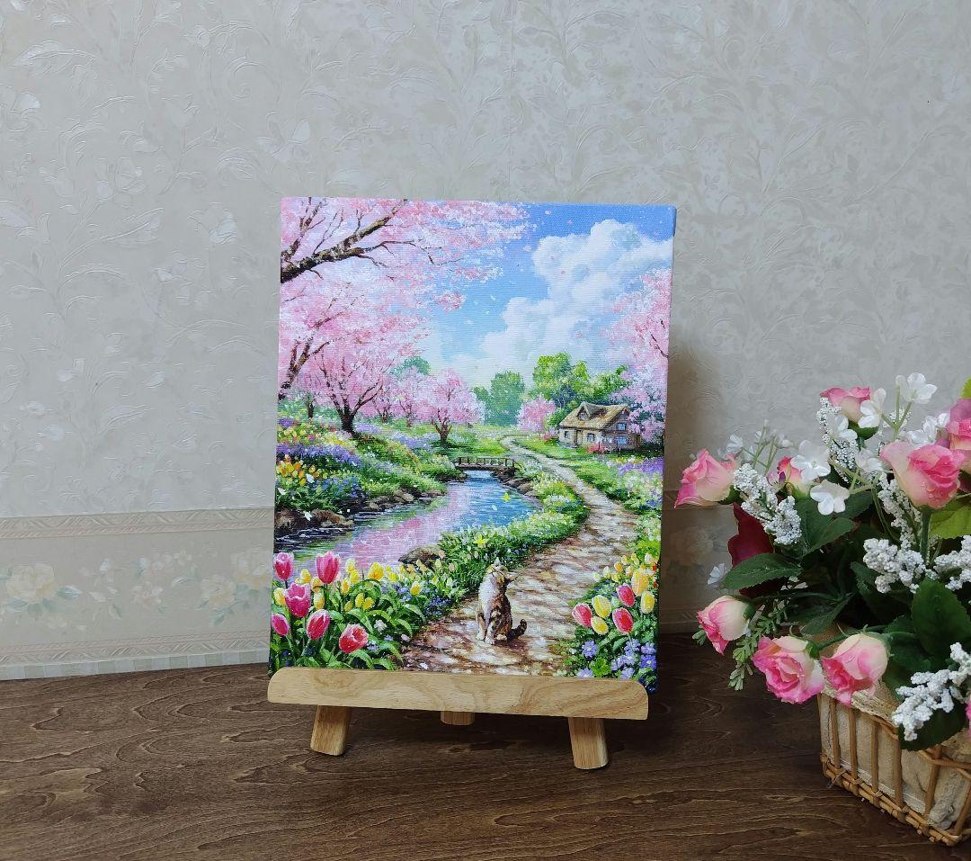 【春の散歩道】アクリル画 F3 風景画 絵画