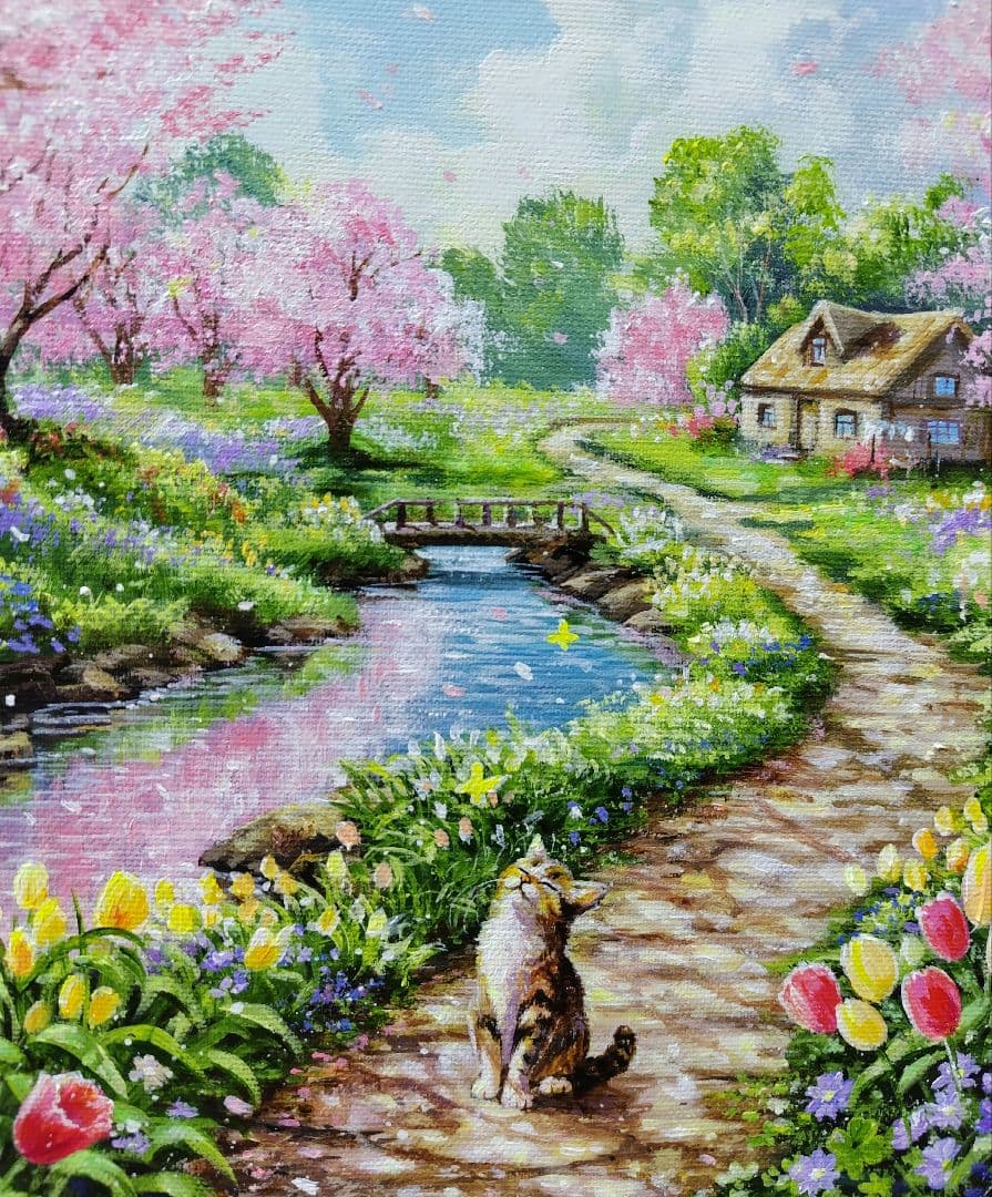 【春の散歩道】アクリル画 F3 風景画 絵画